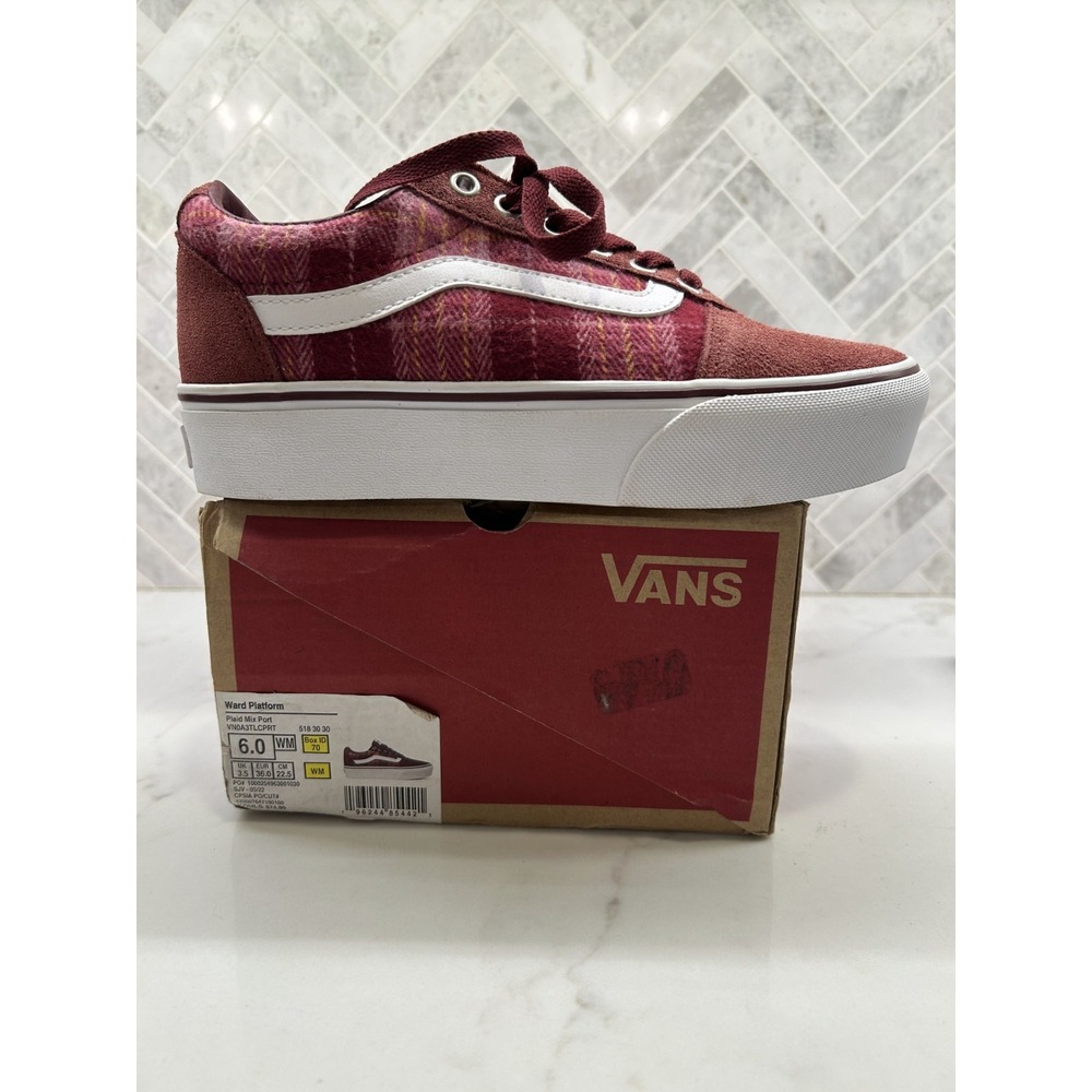 Vans Ward Platform Low Top Sneakers Port 6 Womens Size 6 Burgundy Plaid Canvas